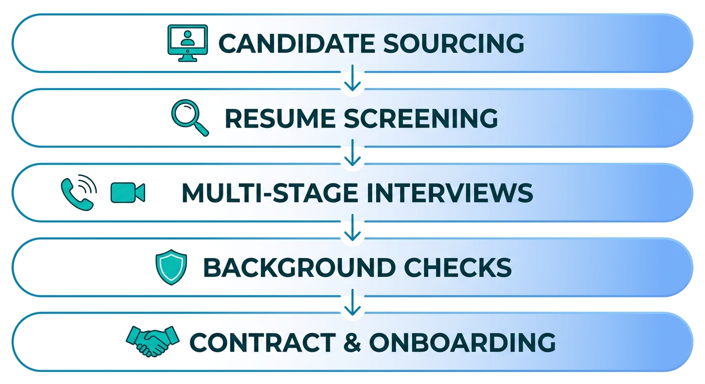 Vertical process flow diagram of five hiring stages at Toronto staffing agencies: candidate sourcing with computer icon, resume screening with magnifying glass, multi-stage interviews with phone and video icons, background checks with shield icon, contract and onboarding with handshake icon.