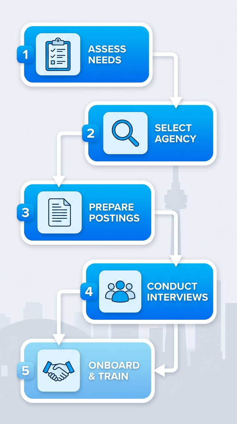 Vertical process flow illustrating 5 steps to hire staffing agencies in Toronto: assess needs, select agency, prepare postings, conduct interviews, onboard and train.