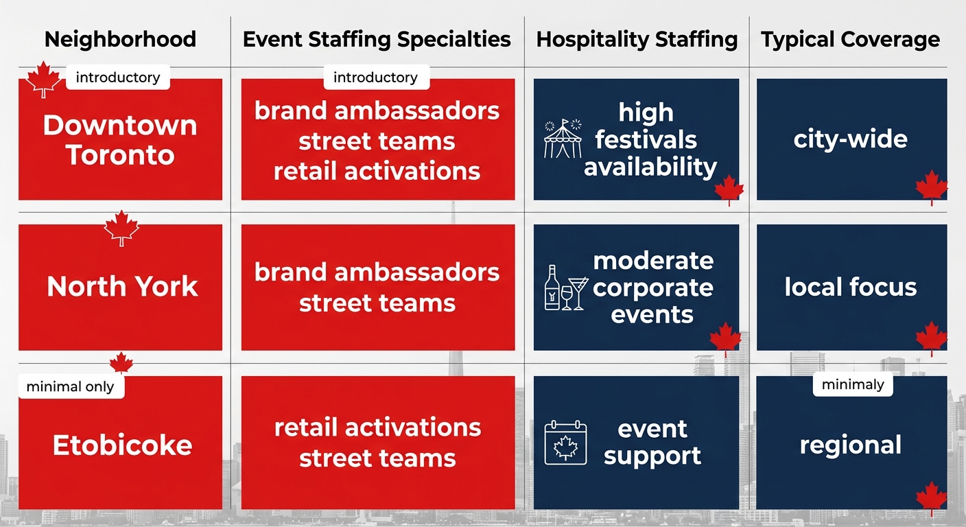 Infographic table comparing event staffing specialties, hospitality availability, and coverage across Toronto neighborhoods: Downtown Toronto, North York, Etobicoke
