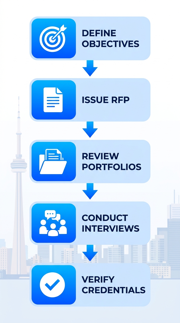 Vertical process flow diagram showing 5 steps to select a brand marketing agency in Toronto: define objectives, issue RFP, review portfolios, conduct interviews, verify credentials.