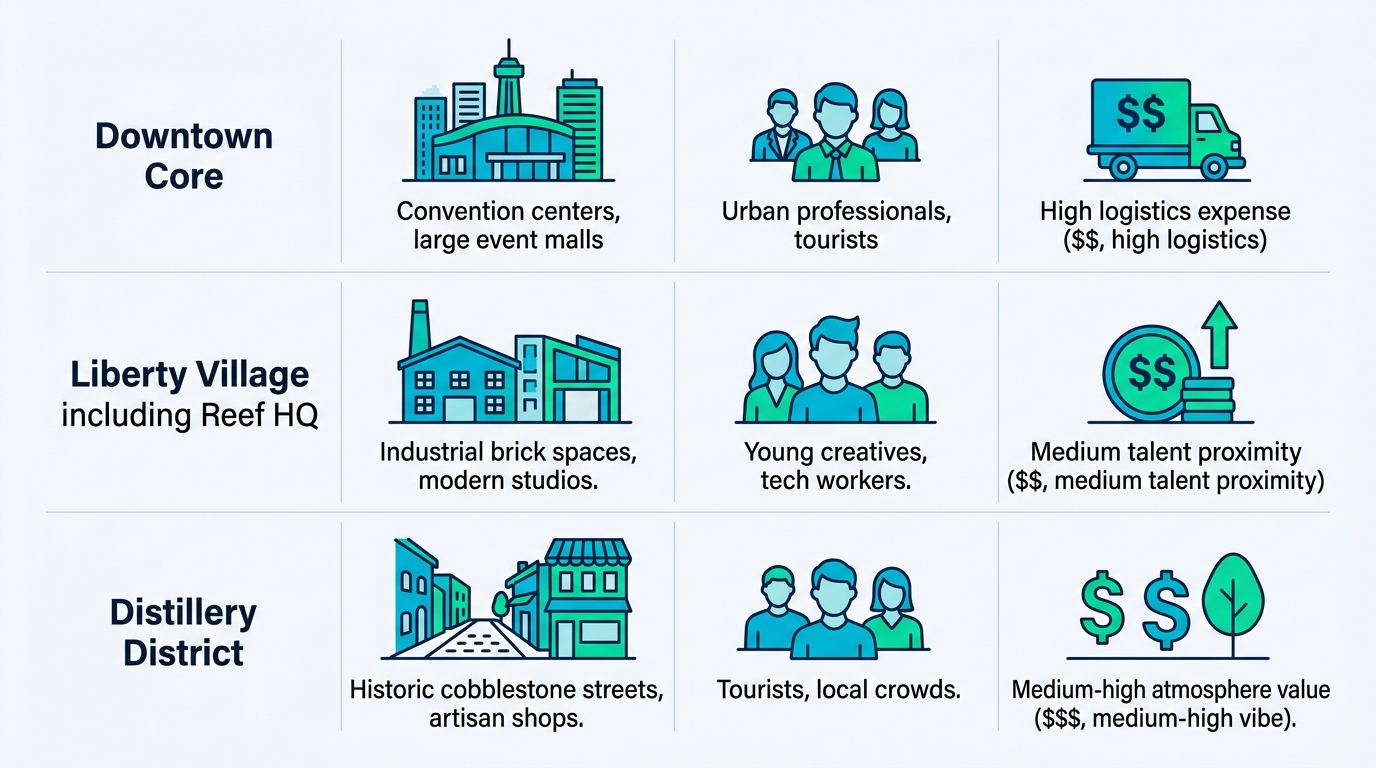 Comparison infographic of Toronto neighborhoods for brand activations showing venue availability, audience reach, and cost factors