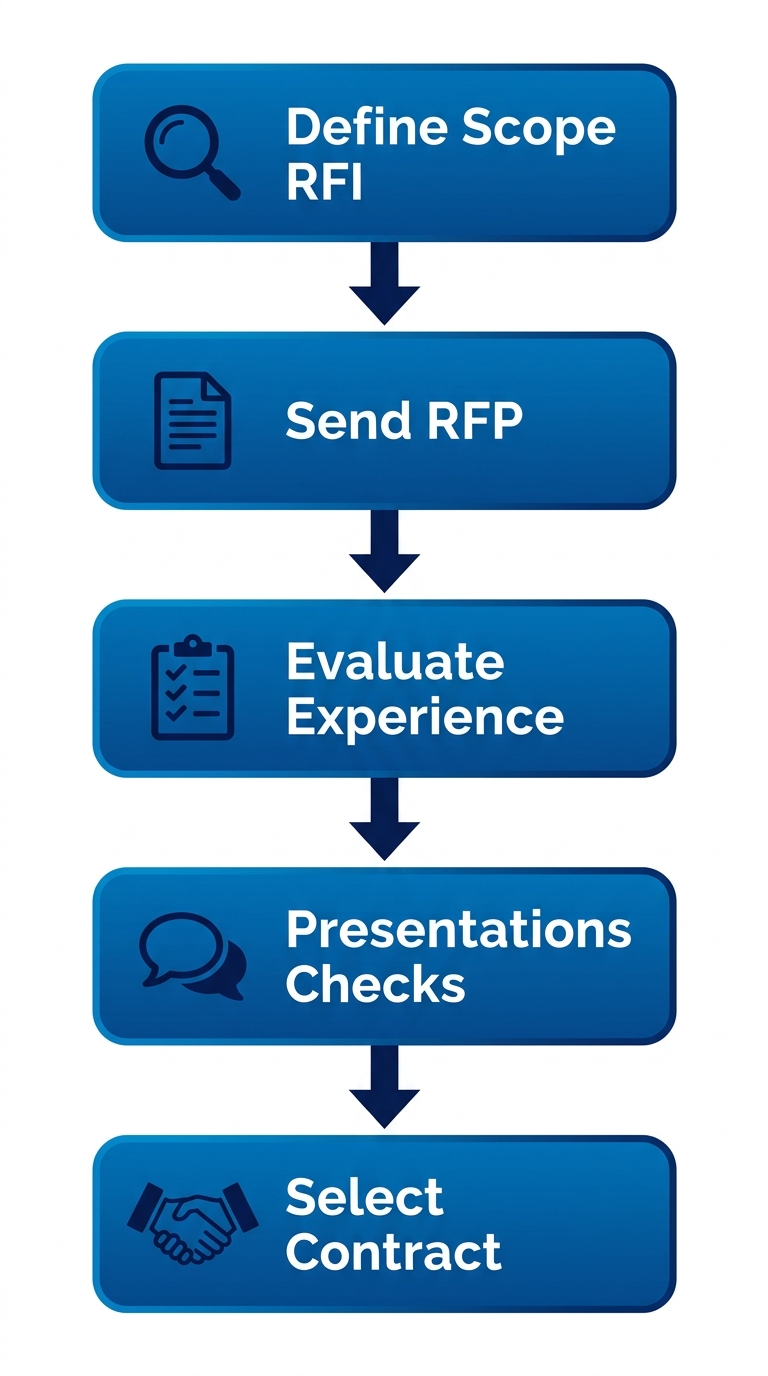 Vertical process flow diagram with five stages for hiring a Toronto marketing agency
