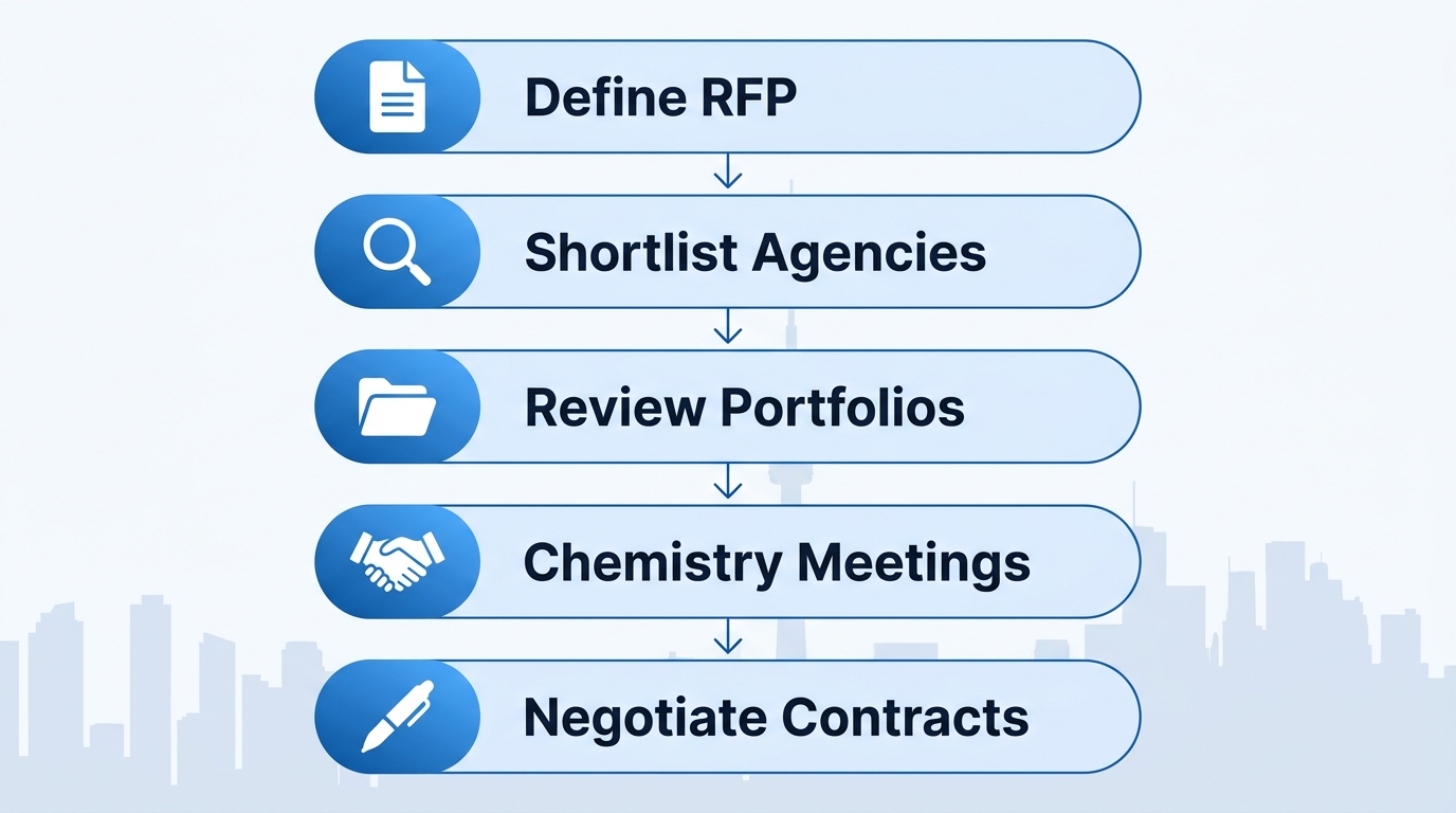 Vertical process flow illustrating five steps to select a brand agency in Toronto: define RFP, shortlist agencies, review portfolios, conduct meetings, negotiate contracts.