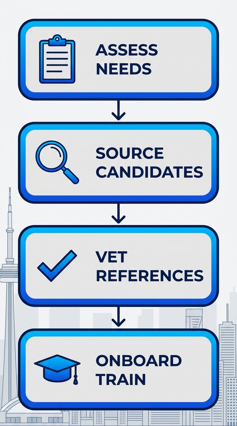 Vertical process flow illustrating 4 steps to hire event staff in Toronto: assess needs, source candidates, vet references, onboard and train.