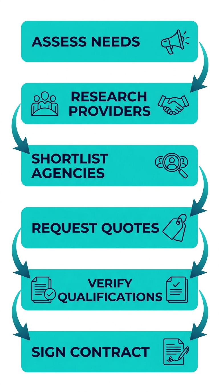 Vertical process flow illustrating 6 steps to hire event staffing in Toronto: assess needs research providers shortlist agencies request quotes verify qualifications sign contract.