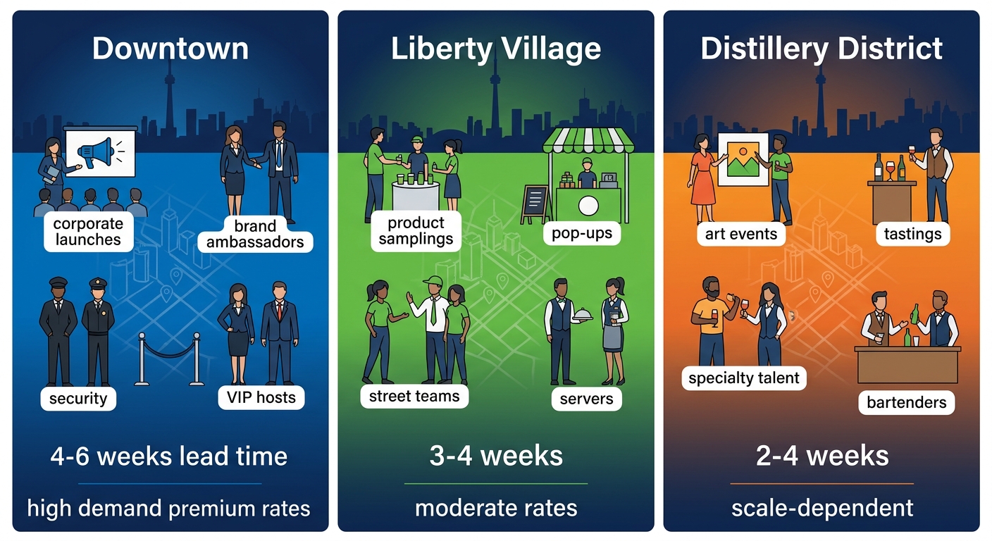 Infographic comparing event staffing landscape in Toronto's Downtown, Liberty Village, and Distillery District with icons and key metrics