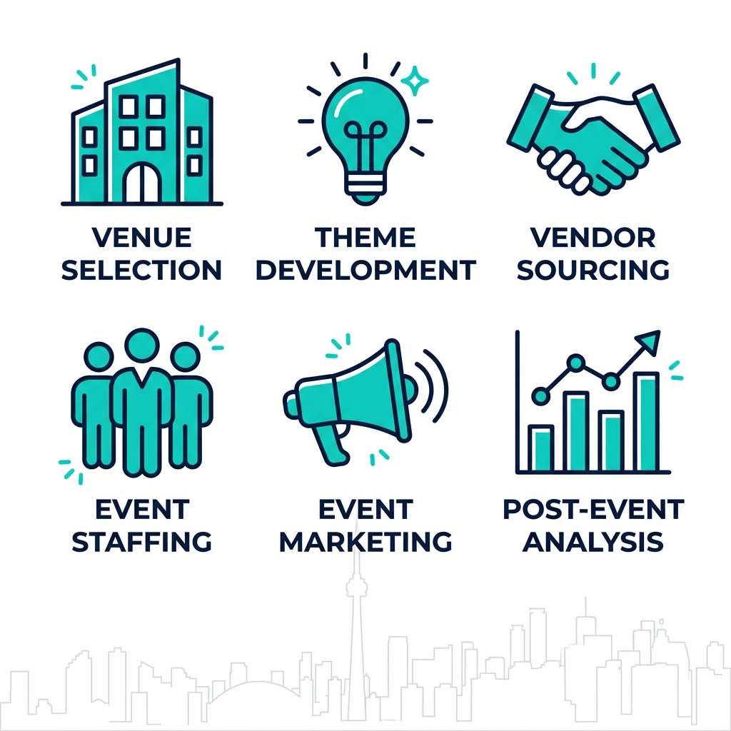 2x3 grid of flat teal and navy icons for Toronto event services: venue selection building, theme development lightbulb, vendor sourcing handshake, staffing group, marketing megaphone, post-event chart on white background with Toronto skyline