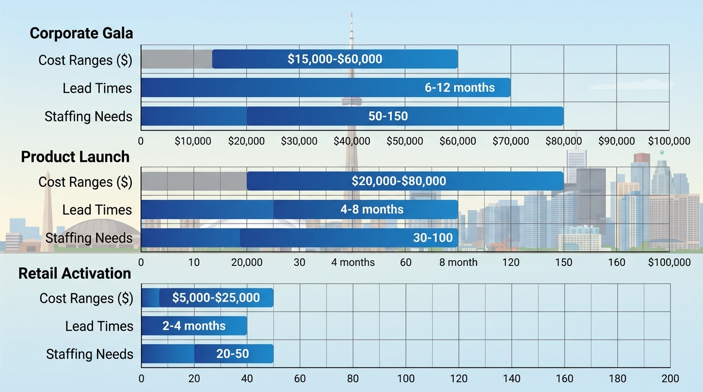 Infographic bar chart comparing costs, lead times, and staffing for Toronto event types: Corporate Gala, Product Launch, Retail Activation.