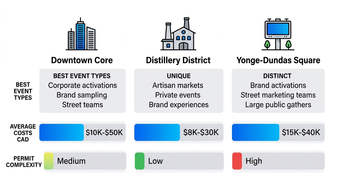 Data visualization comparing Toronto neighborhoods Downtown Core, Distillery District, Yonge-Dundas Square for events with icons, types, costs, and permit ratings