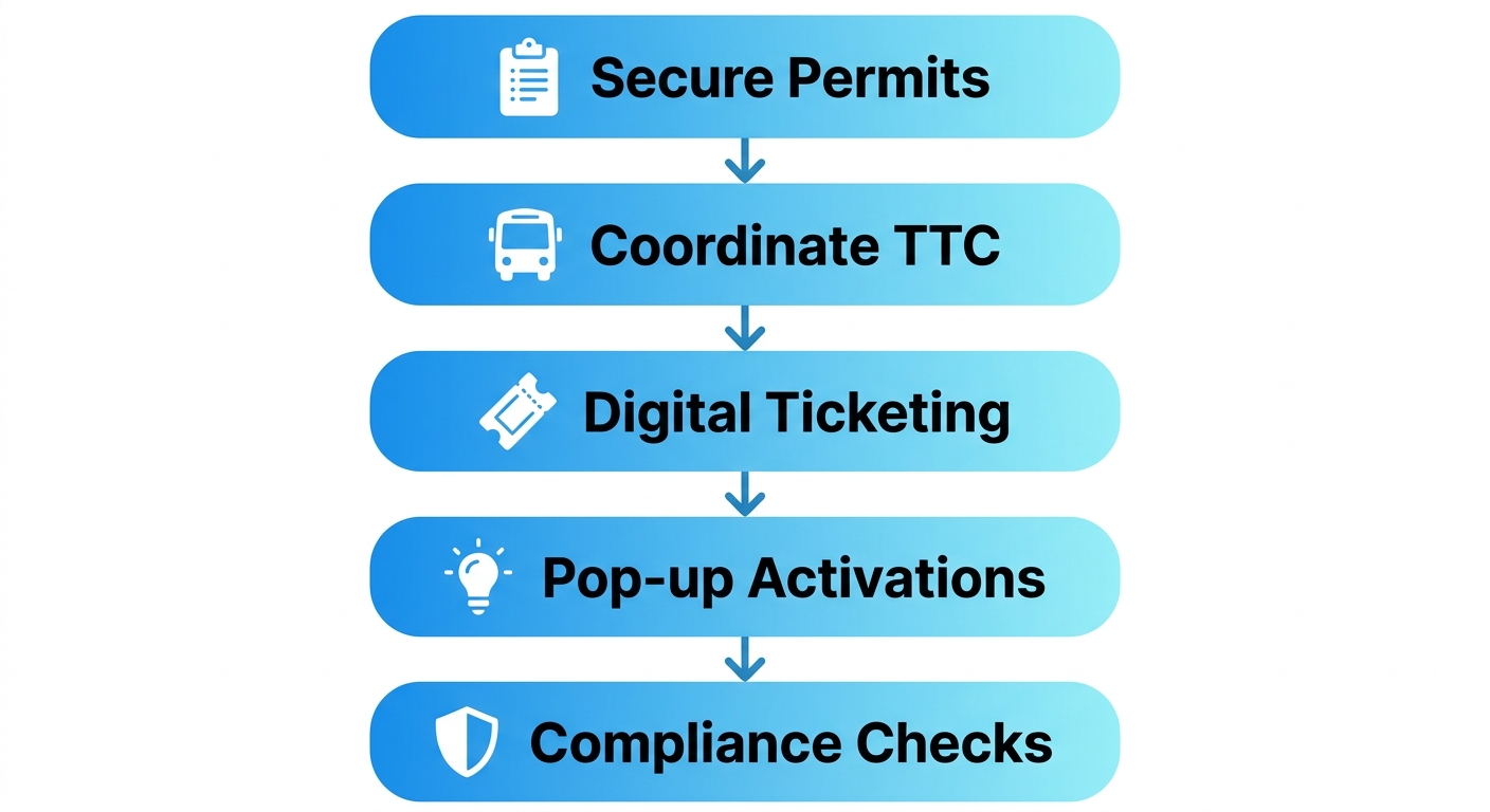 Vertical process flow diagram showing five steps to launch a Toronto event: secure permits with clipboard icon, coordinate TTC transit with bus icon, digital ticketing with ticket icon, experiential pop-up activations with lightbulb icon, execute with compliance checks with shield icon.