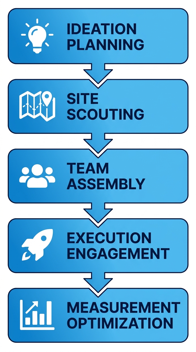 Vertical process flow diagram illustrating five key steps for launching a brand activation in Toronto: ideation and planning, site scouting and permits, team assembly and staffing, execution and engagement, measurement and optimization.