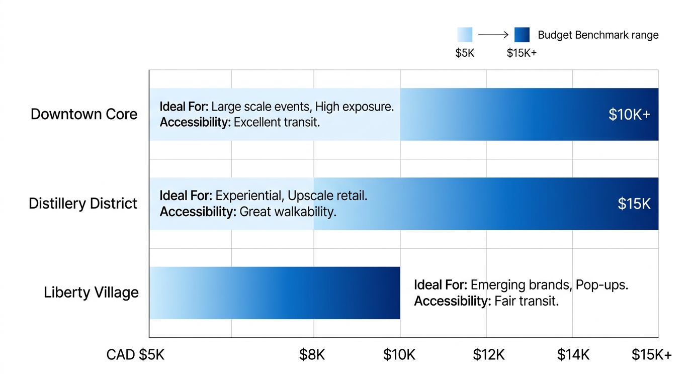 Horizontal bar chart comparing estimated brand activation costs in Toronto neighborhoods: Downtown Core $10K+, Distillery District $8K-$15K, Liberty Village $5K-$10K