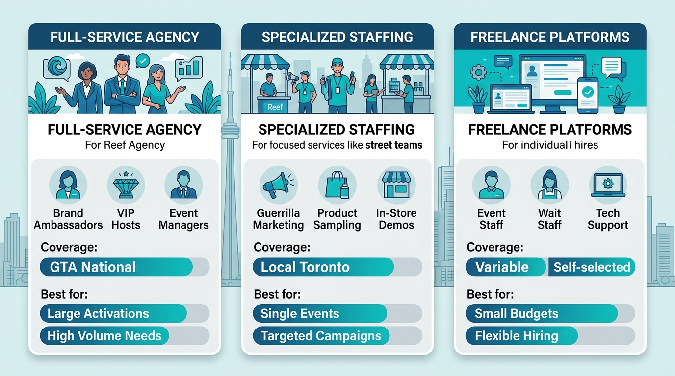 Infographic comparing Full-Service, Specialized Staffing, and Freelance event agency types in Toronto with services, coverage, and ideal uses.