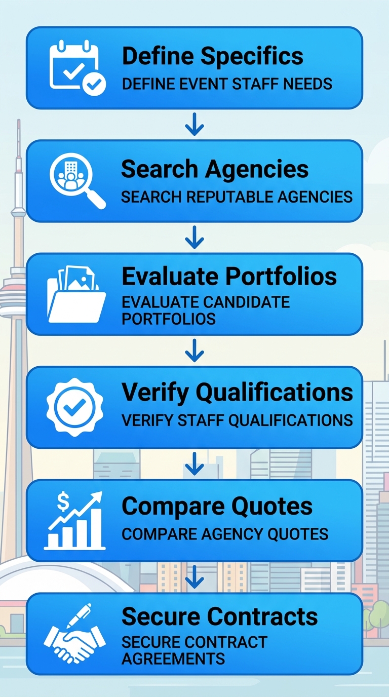 Vertical process flow diagram illustrating 6 steps to hire event staff in Toronto: define specifics, search agencies, evaluate portfolios, verify qualifications, compare quotes, secure contracts.