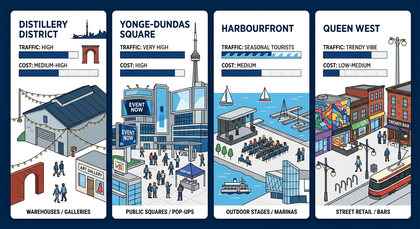 Infographic comparing four Toronto neighborhoods for experiential marketing activations by traffic, venues, and costs with bar graphs and icons