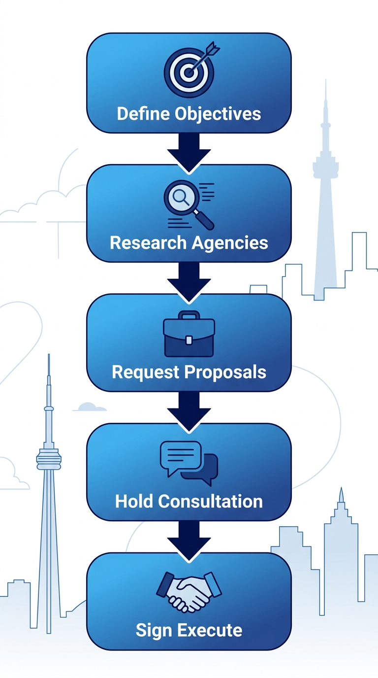 Vertical process flow diagram with 5 steps to start with a Toronto experiential agency: Define Objectives, Research Agencies, Request Proposals, Hold Consultation, Sign Execute, using icons and blue gradients.
