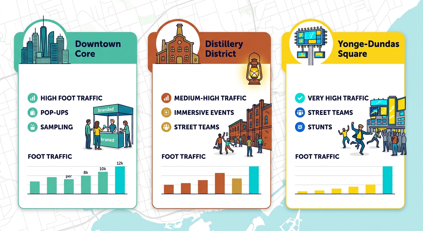 Infographic comparing top Toronto neighborhoods for experiential marketing activations with foot traffic bars and icons.