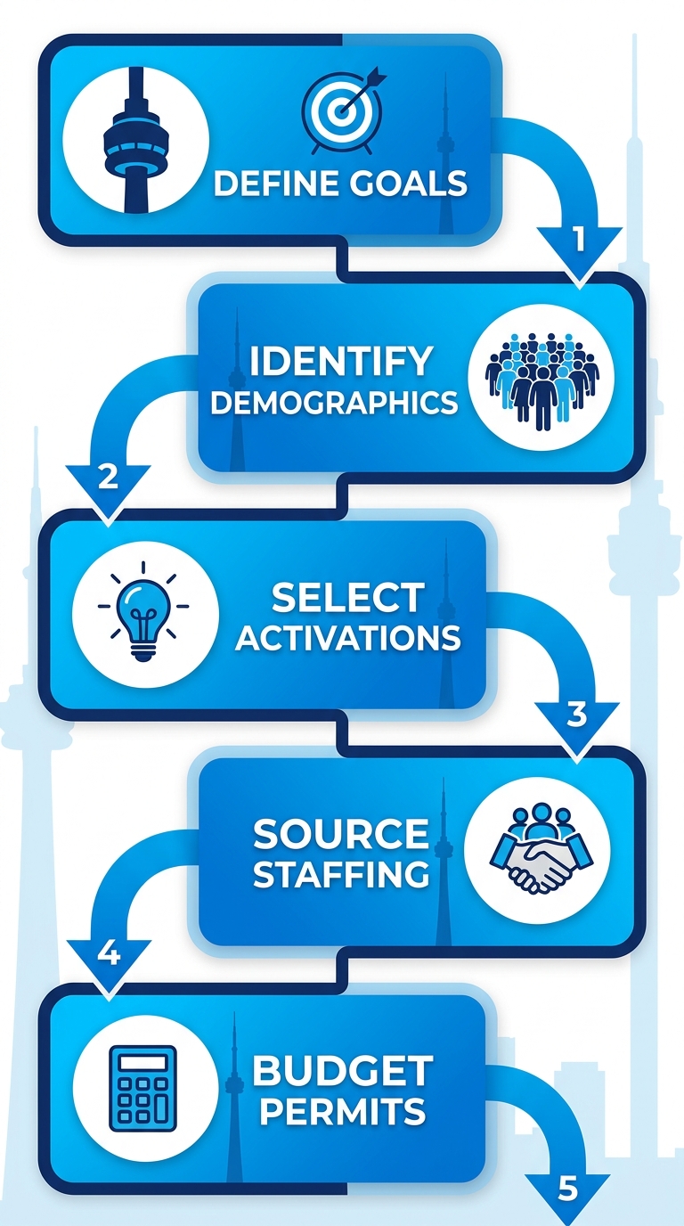 Vertical process flow diagram of 5 steps for launching experiential marketing in Toronto: define goals with bullseye, identify demographics with crowd, select activations with lightbulb, source staffing with handshake, budget permits with calculator, featuring CN Tower icons.