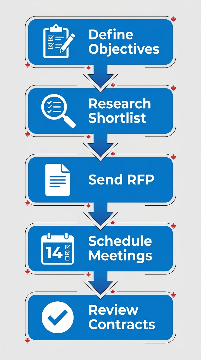 Vertical process flow diagram showing 5 steps to engage Toronto event companies with icons and labels