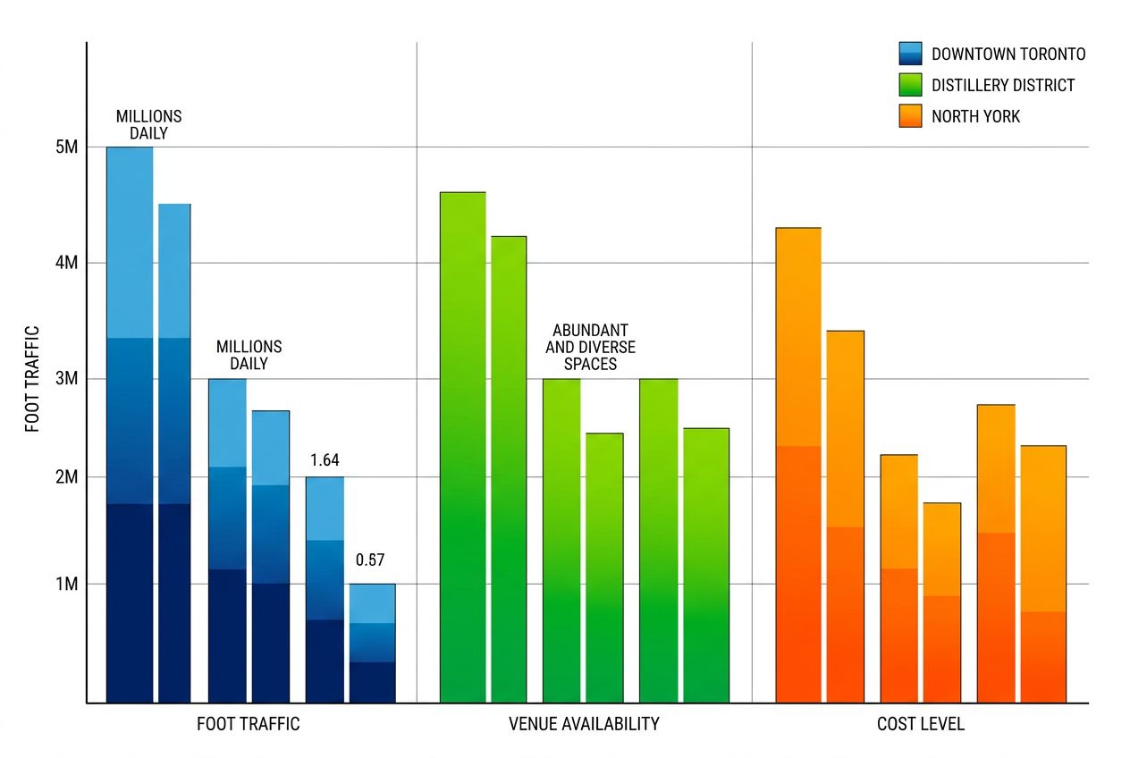 Bar chart comparing Downtown Toronto, Distillery District, and North York for brand activations by foot traffic, venues, and costs