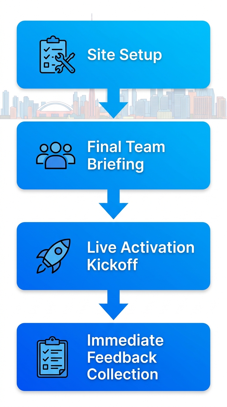 Vertical process flow diagram of four phases for launching a brand activation in Toronto: Site Setup, Final Team Briefing, Live Activation Kickoff, Immediate Feedback Collection