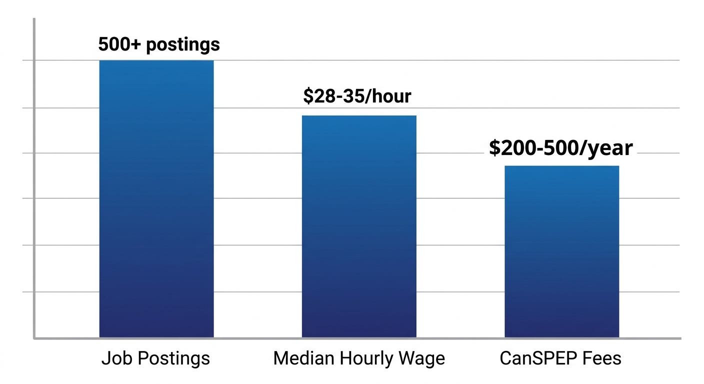 Bar chart displaying key Toronto event planner metrics: over 500 job postings, $28-35 median hourly wage, $200-500 CanSPEP fees.