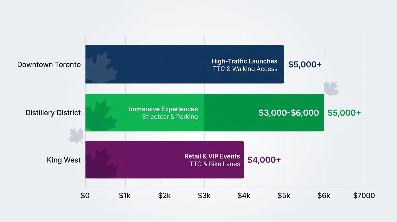 Horizontal bar chart comparing daily brand activation costs in Toronto neighbourhoods: Downtown, Distillery District, King West, with usage and access notes
