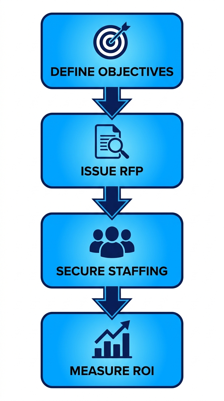 Vertical process flow diagram showing 4 steps for launching brand campaigns in Toronto: define objectives, issue RFP, secure event staffing, measure ROI with icons and blue gradients.