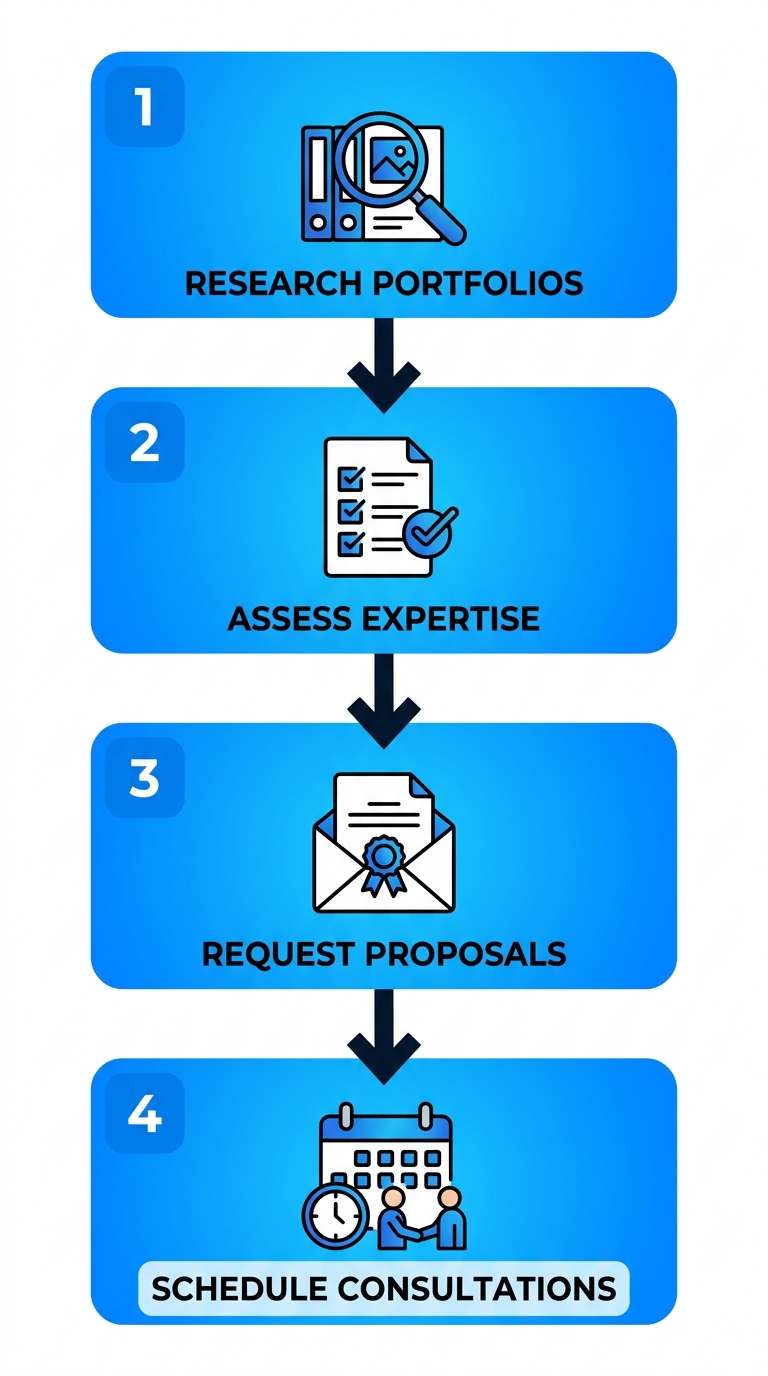 Vertical process flow diagram with four steps: research agencies via portfolios, assess event staffing expertise, request proposals, schedule consultations for Toronto brand ambassador agencies.