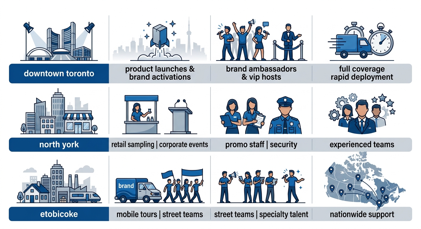 Infographic comparison table of event staffing needs across Downtown Toronto, North York, and Etobicoke areas