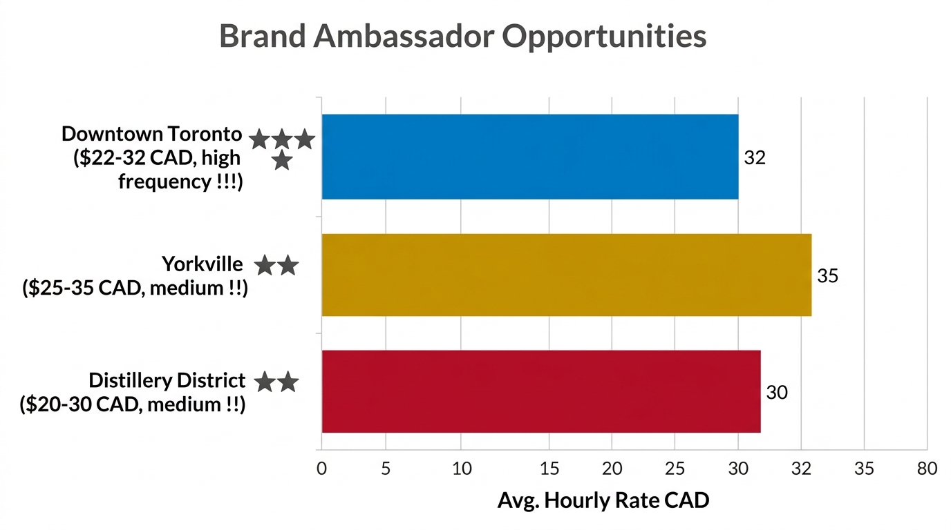 Bar chart of brand ambassador hourly rates and event frequencies by Toronto neighbourhoods: Downtown, Yorkville, Distillery District