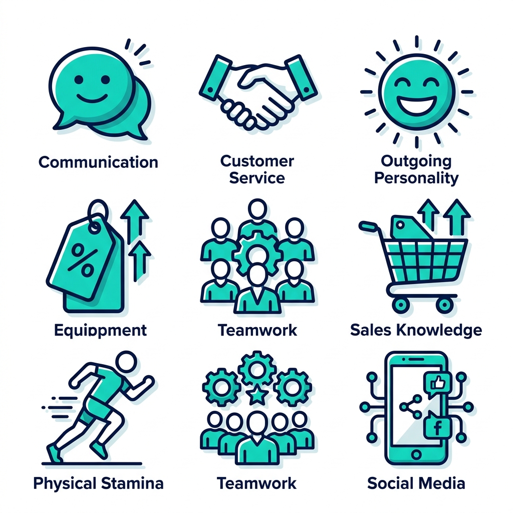 Grid of icons showing key skills for brand ambassadors in Toronto: communication, customer service, personality, sales, stamina, teamwork, social media