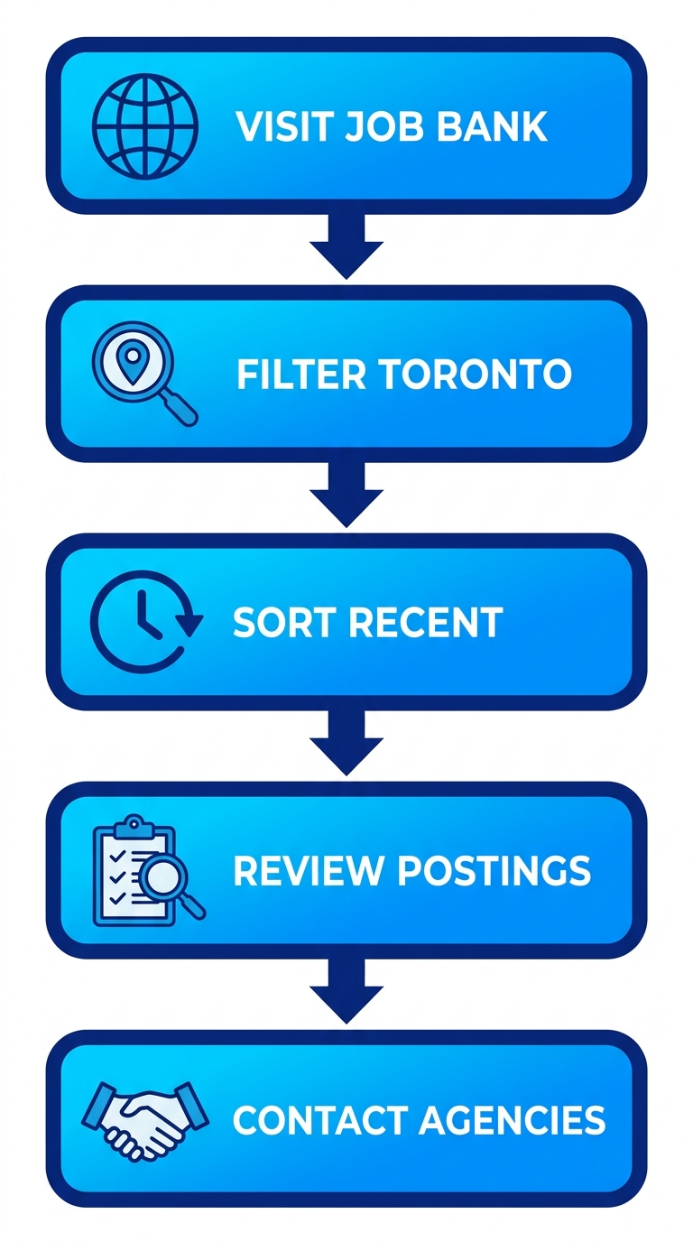 Vertical process flow diagram showing 5 steps to hire or apply for brand ambassador roles in Toronto using Job Bank