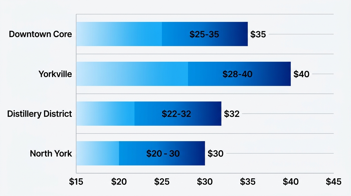 Horizontal bar chart of average CAD hourly rates for brand ambassadors in Toronto neighborhoods: Downtown Core $25-35, Yorkville $28-40, Distillery District $22-32, North York $20-30