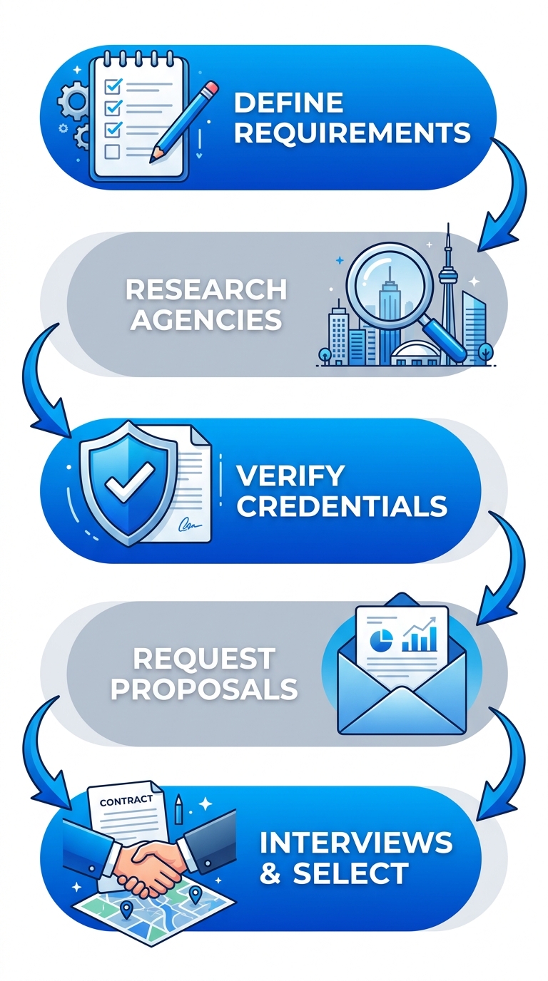 Vertical process flow illustrating five steps to hire staffing agencies in Toronto: define requirements, research agencies, verify credentials, request proposals, interviews and select.