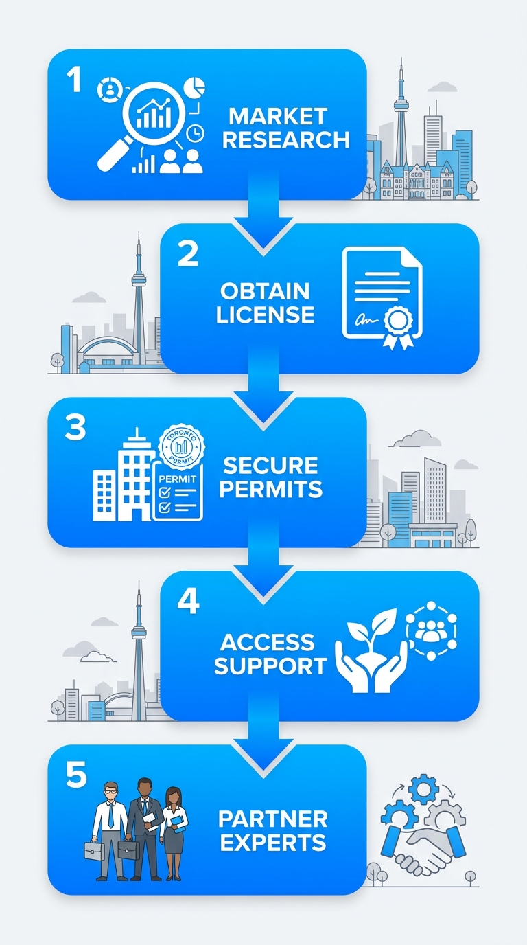 Vertical process flow showing five steps for starting event management in Toronto: market research on venues, obtain business license, secure event permits, access City support programs, partner with local experts.