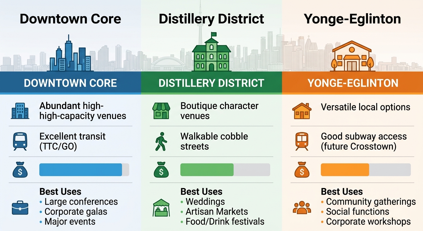 Infographic comparing Downtown Core, Distillery District, and Yonge-Eglinton neighborhoods in Toronto for event management, featuring icons, cost bars, and key criteria.