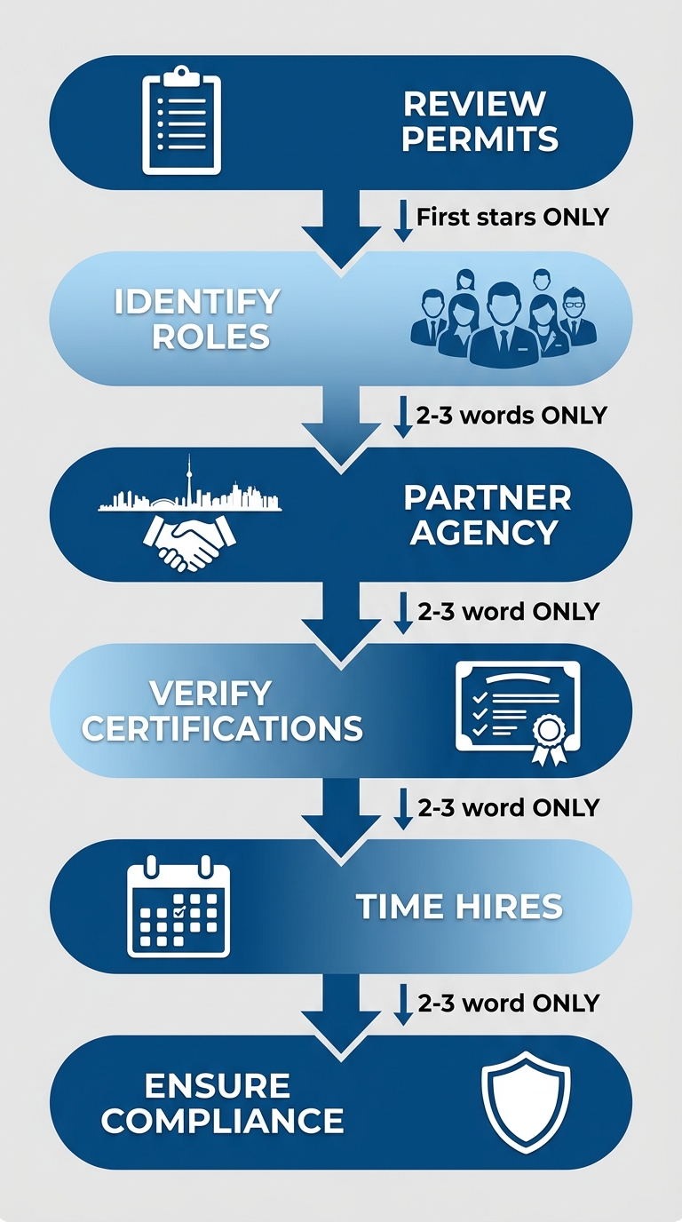Vertical process flow diagram illustrating six steps for hiring event staff in Toronto with icons and minimal labels