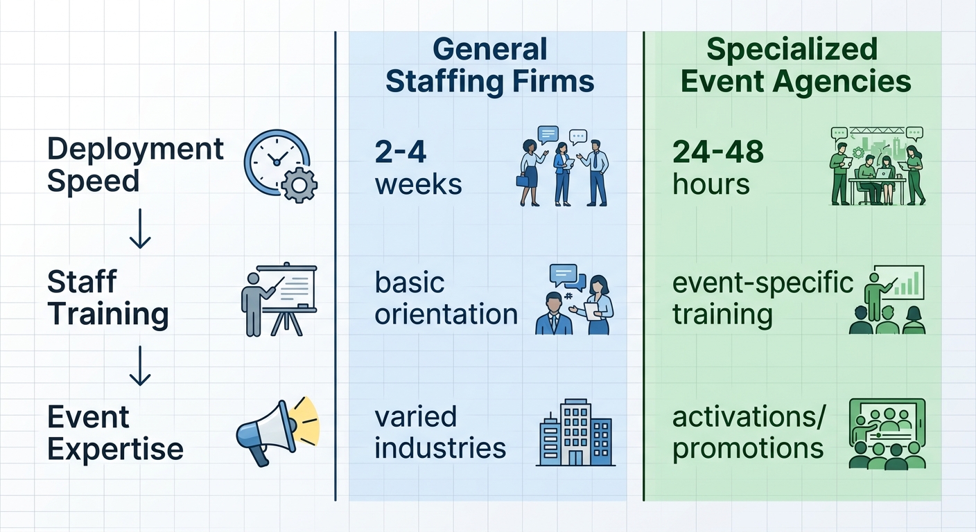 Infographic comparing general staffing firms versus specialized event agencies in Toronto on deployment speed training and expertise