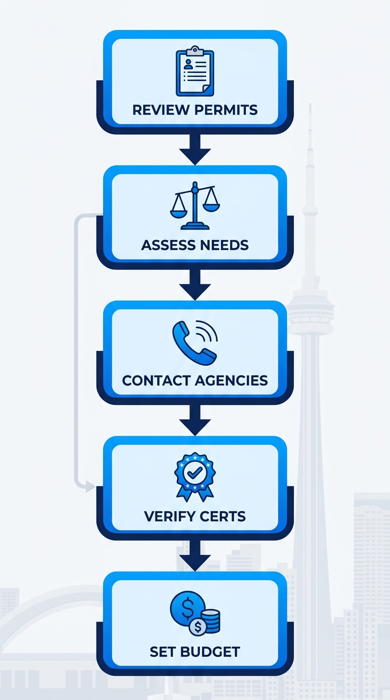 Vertical process flow illustrating five steps to hire event staff in Toronto: review city permits, assess event needs, contact agencies, verify certifications, and set budget.