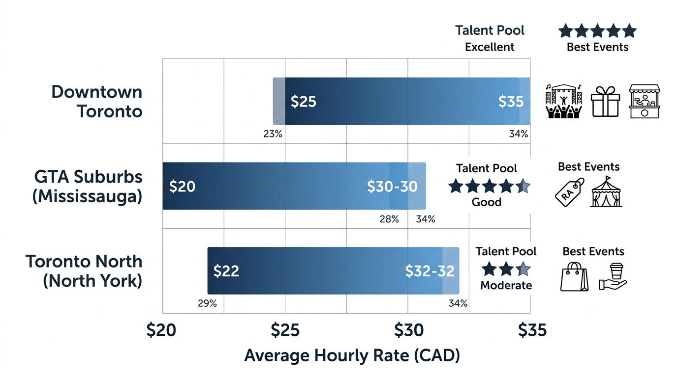 Horizontal bar chart comparing brand ambassador hourly rates in Toronto neighborhoods: Downtown $25-35 CAD, GTA Suburbs $20-30, North $22-32, with talent pool and event icons.