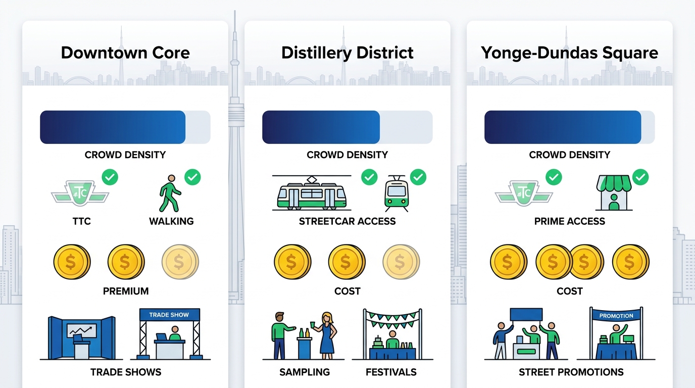Infographic comparing Downtown Core, Distillery District, and Yonge-Dundas Square for promotional events in Toronto, showing crowd density, accessibility, and costs.