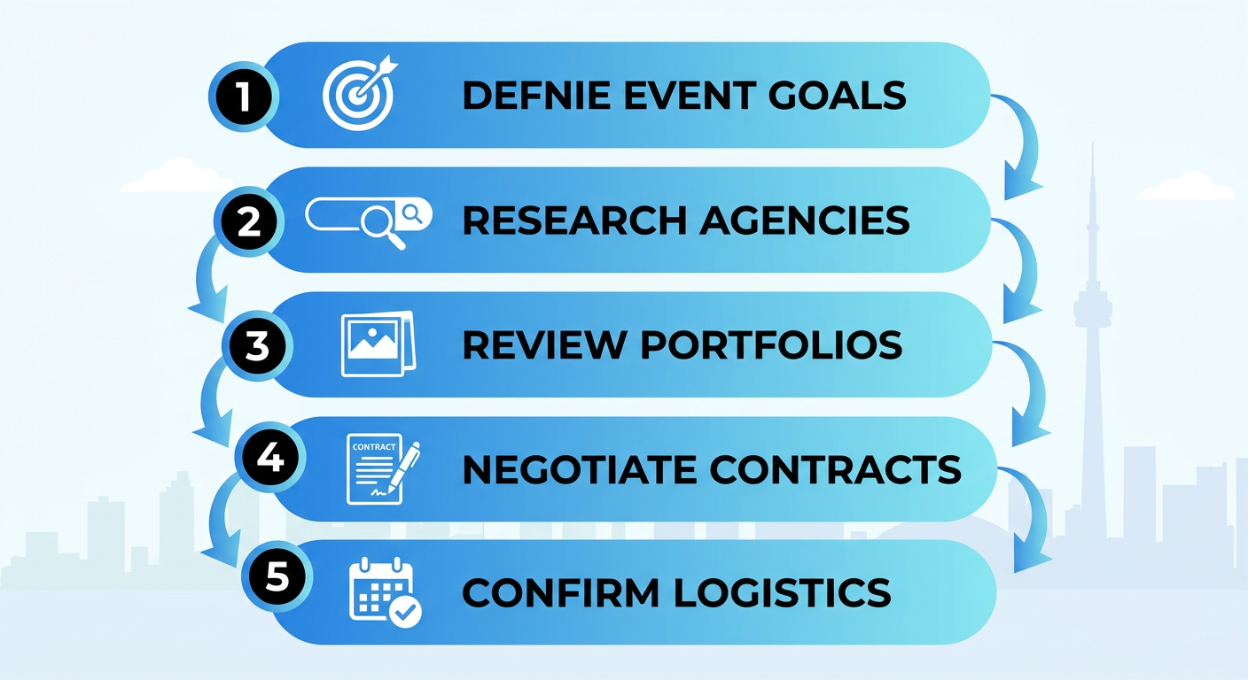 Vertical process flow diagram illustrating 5 steps to book promotional models for Toronto events: define goals, research agencies, review portfolios, negotiate contracts, confirm logistics.