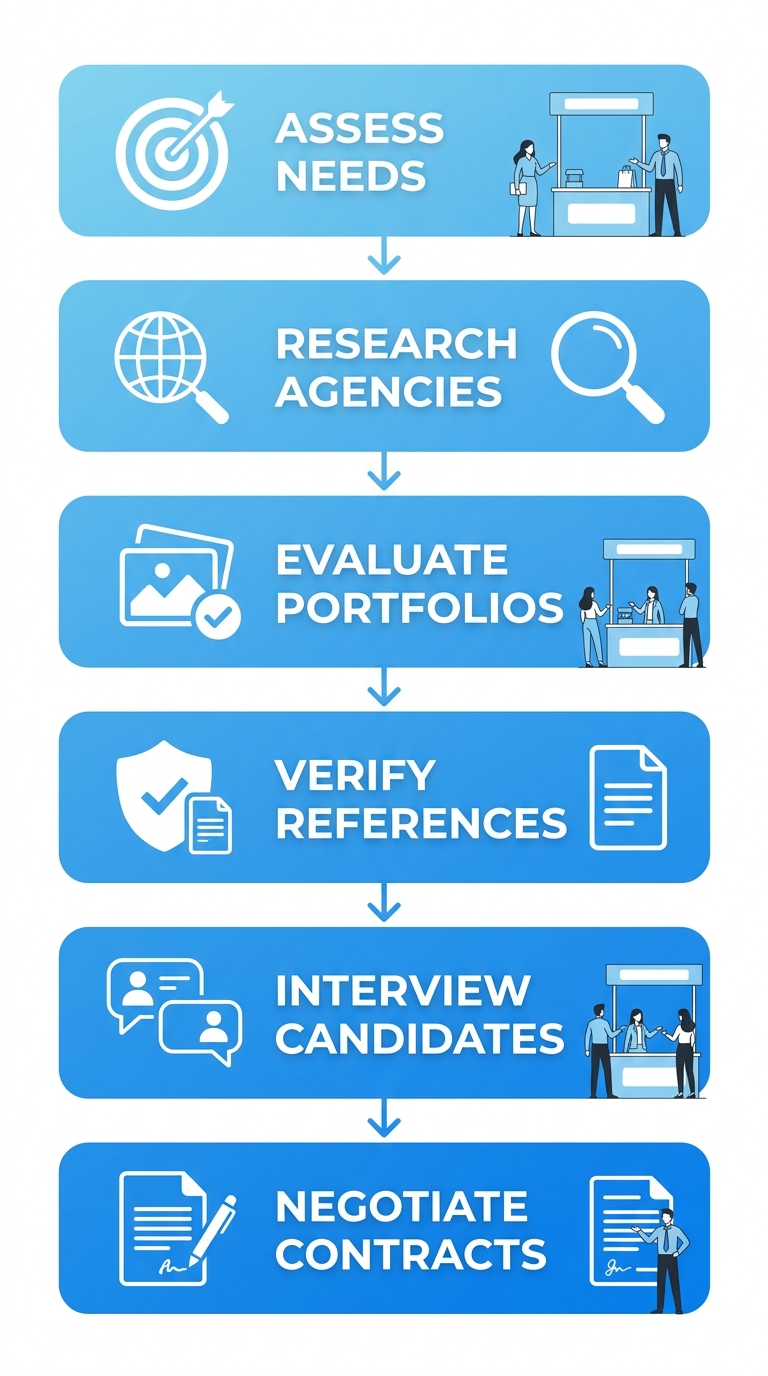 Vertical process flow illustrating 6 steps to hire trade show staff in Toronto: assess needs, research agencies, evaluate portfolios, verify references, interview candidates, negotiate contracts.