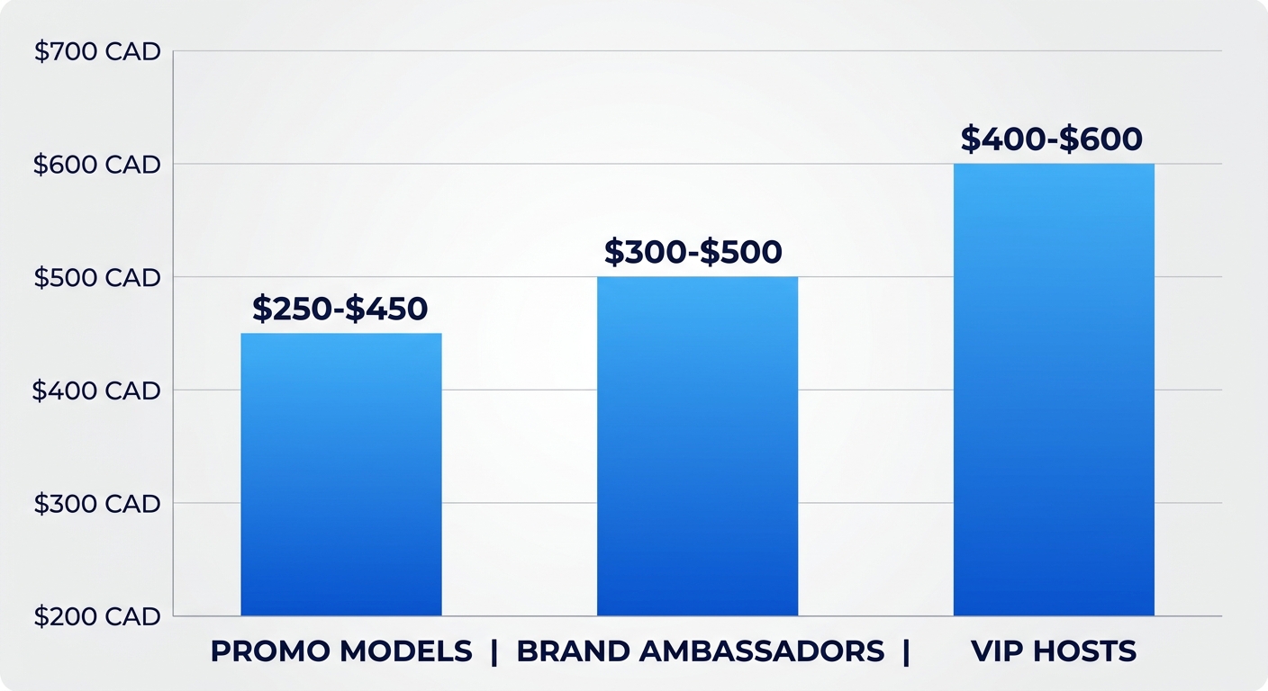Bar chart comparing daily cost ranges in CAD for promo models ($250-450), brand ambassadors ($300-500), and VIP hosts ($400-600) at Toronto trade shows