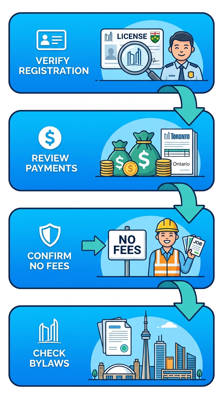 Vertical process flow illustrating four steps for getting started with event staffing in Toronto: verify agency registration, review client payments, confirm no employee fees, and check local bylaws.