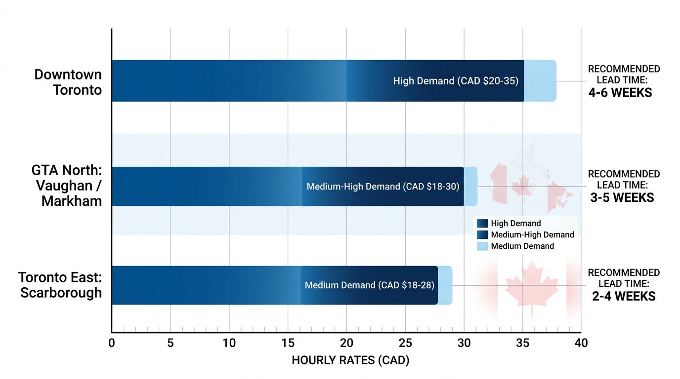 Horizontal bar chart of event staffing hourly rates and lead times by Toronto area, gradient blue bars by demand level