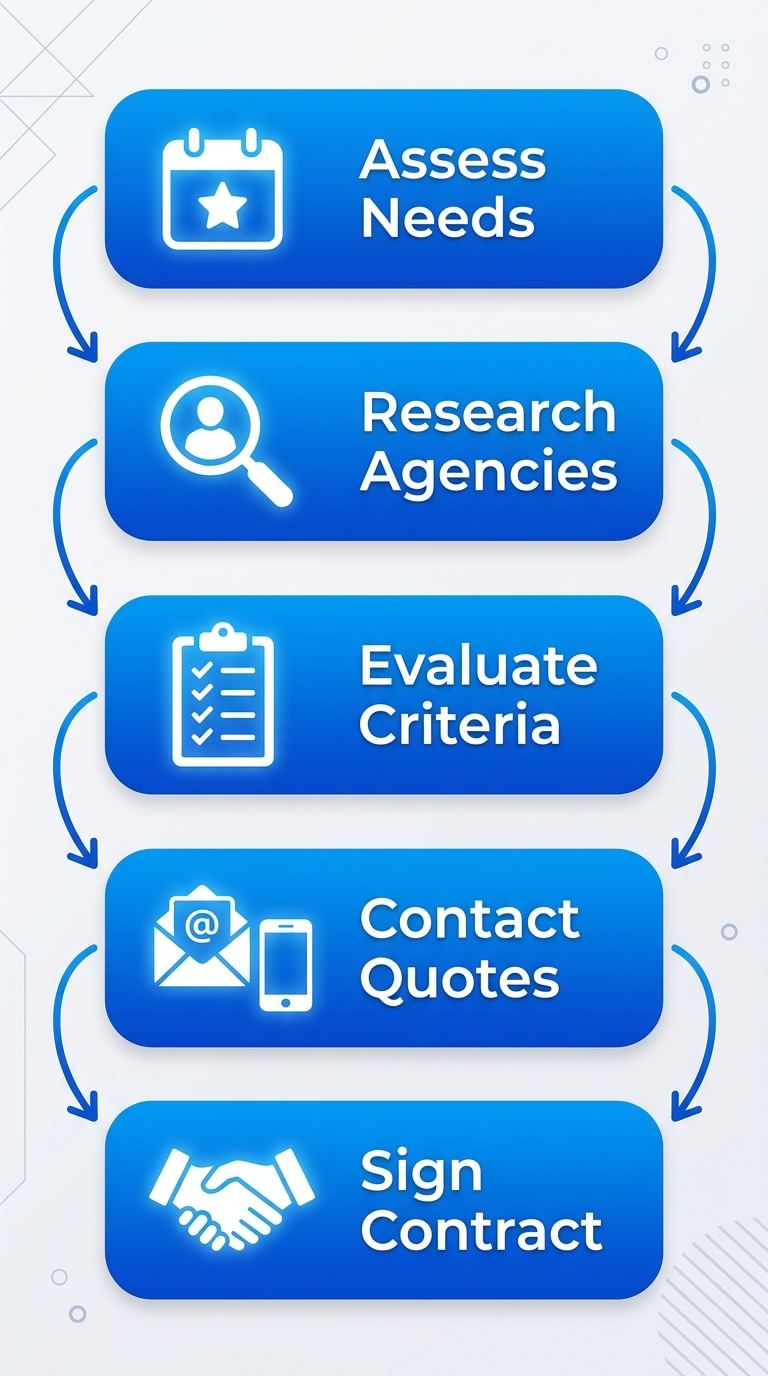 Vertical process flow illustrating 5 steps to hire event staff in Mississauga: assess needs, research agencies, evaluate criteria, contact for quotes, sign contract.