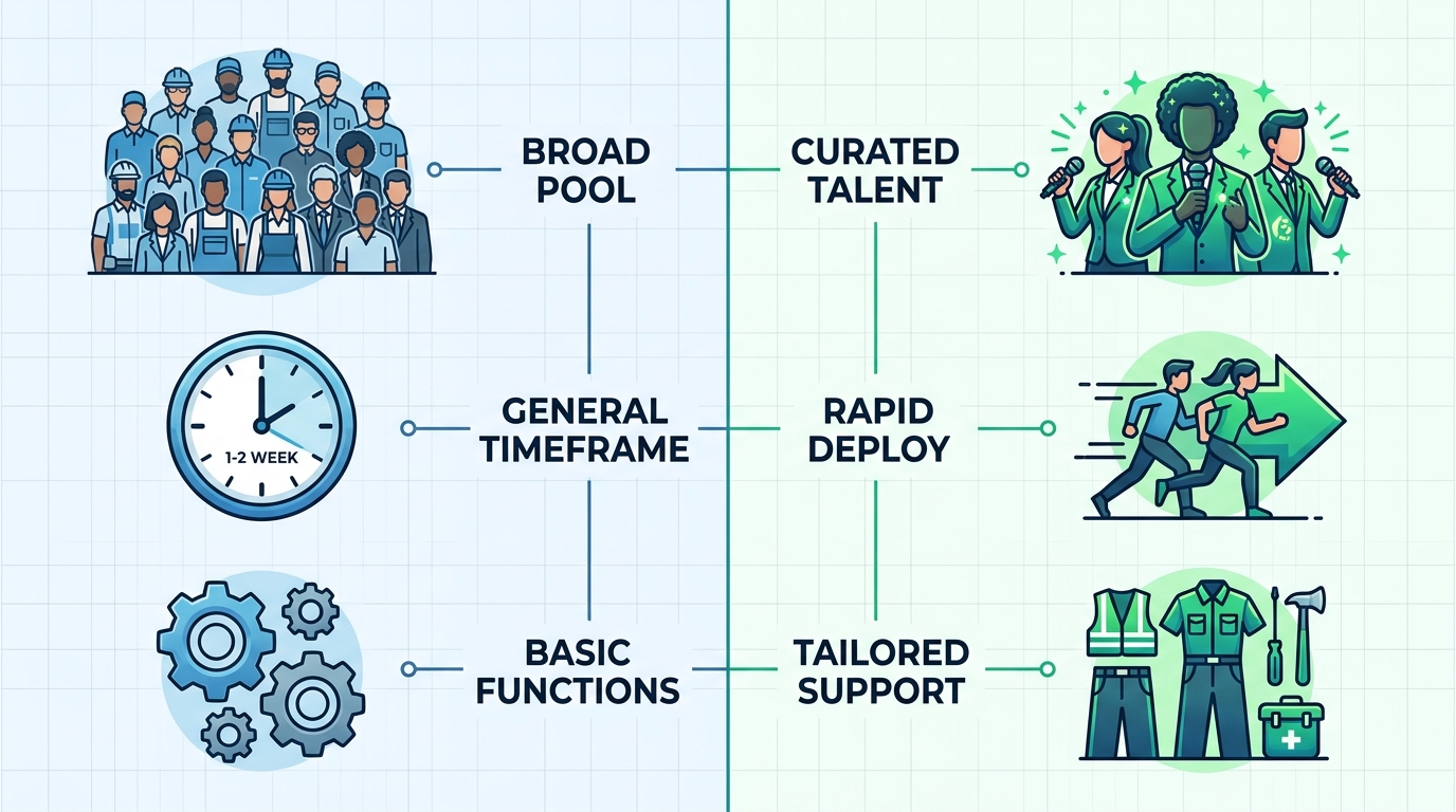 Infographic comparing general staffing and event-specialized staffing in Mississauga with icons for talent pool, deployment speed, and customization.