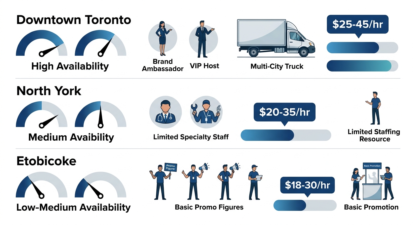 Infographic comparing event staffing availability, staff types, deployment capabilities, and hourly rates across Toronto neighbourhoods: Downtown Toronto, North York, and Etobicoke